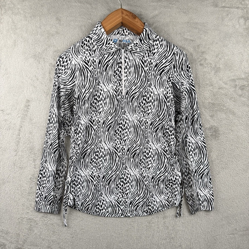 IBKUL 1/4 Zip Womens M Animal Print Black White Light Weight Cool Jacket Cinched